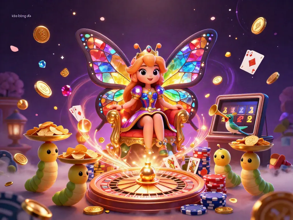 Experience the thrilling kèo bóng đá with a vibrant 3D scene featuring a butterfly queen, golden chips, and dynamic casino elements.