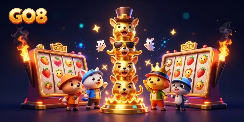 Engage with GO8's thrilling slot experience featuring dynamic characters and vibrant casino elements.