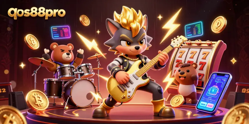 Engage with qs88pro's vibrant casino experience featuring a wolf rock star and a drummer bear.