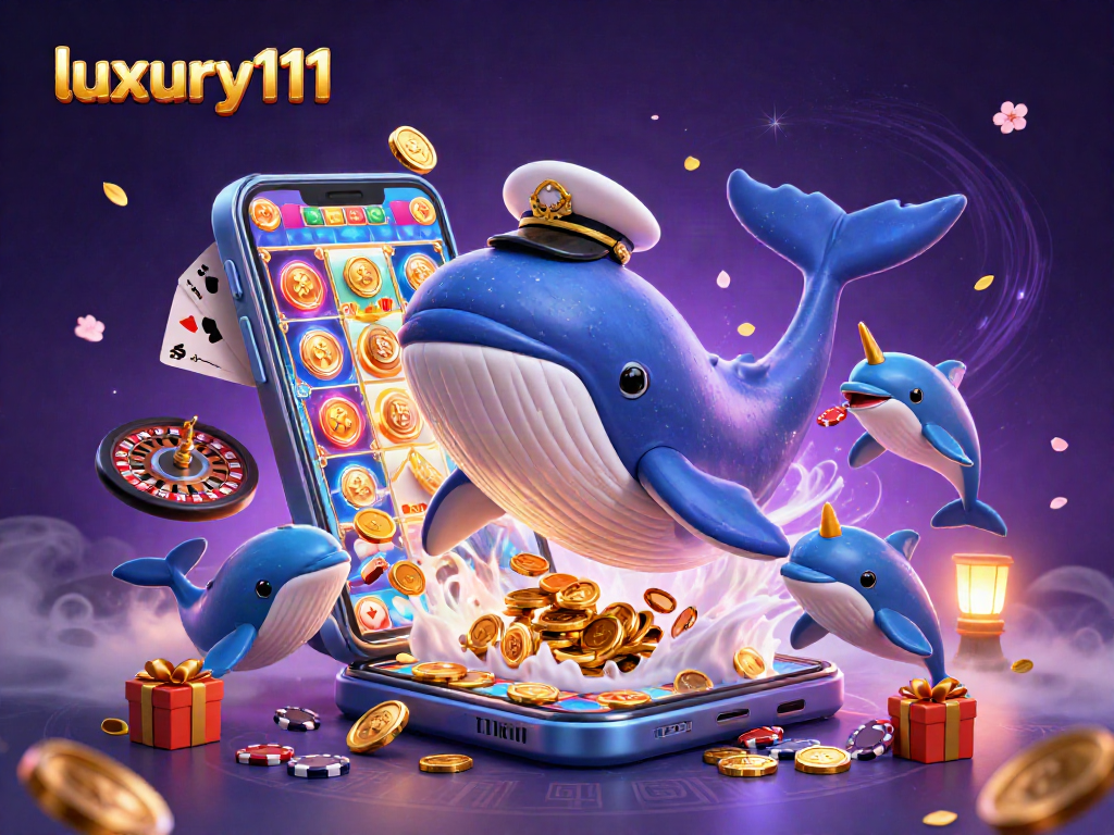 Experience luxury111 with a whale captain amidst golden coins and playful dolphins in a casino adventure.