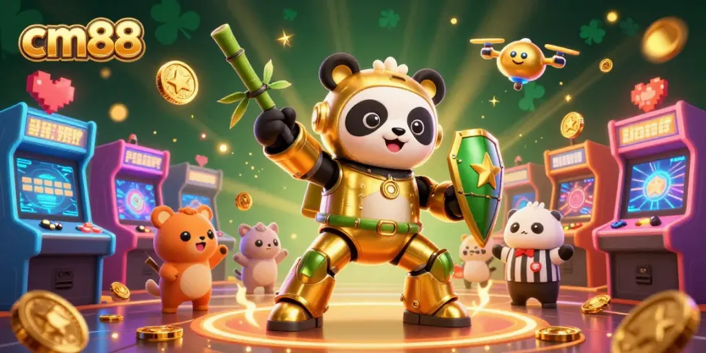 Engage in thrilling gameplay at cm88 with vibrant 3D casino elements like golden pandas and arcade fun!