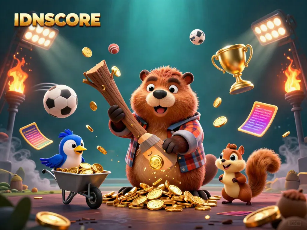 Join IDNSCORE as a playful lumberjack beaver collects coins amidst vibrant sports elements.