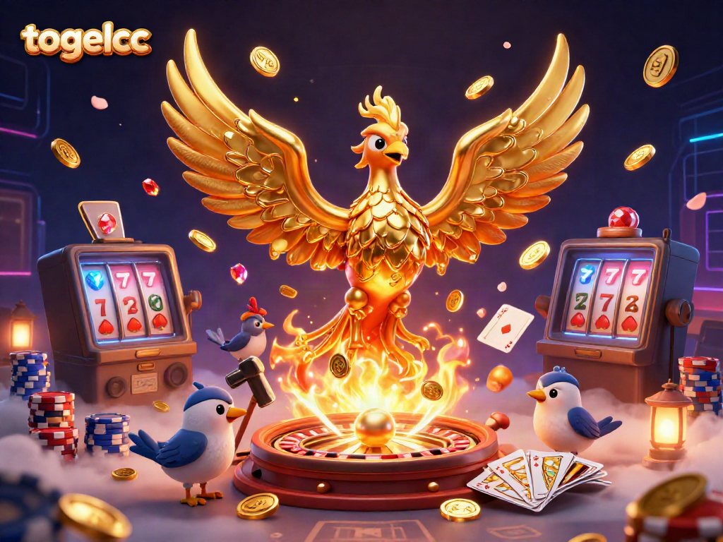 Experience the vibrant action at togelcc with a golden phoenix and casino elements in a dynamic scene.