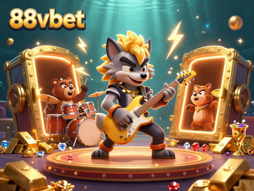 Experience the excitement at 88vbet with a rock star wolf and a drummer bear in a dynamic casino scene.