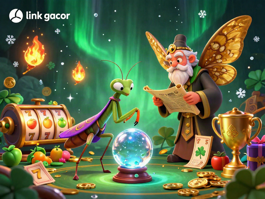 Experience the magic of link gacor with a vibrant 3D scene featuring dynamic slot machines and layered characters.