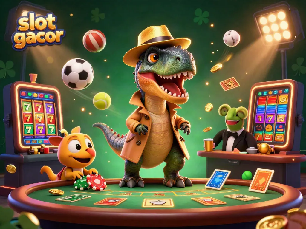 Engage with slot gacor themed 3D scene featuring vibrant graphics, cartoon velociraptor card counter, and gaming elements.