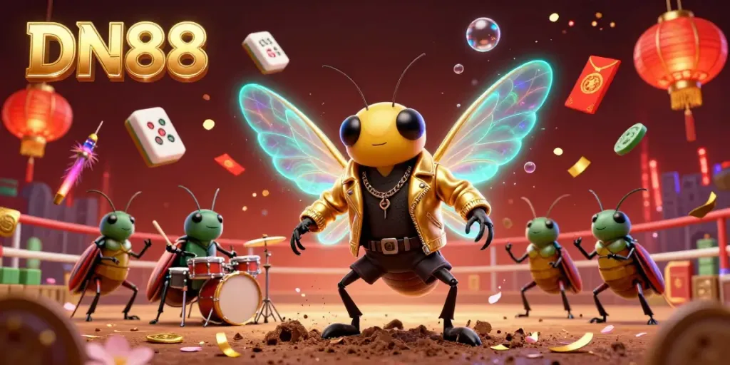 Experience cockfighting excitement at DN88 with a vibrant 3D illustration featuring dynamic characters and rich, colorful elements.