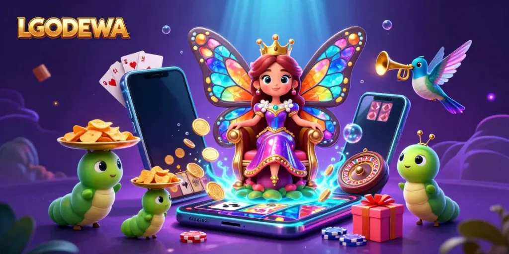 Experience the vibrant gaming world of LGODEWA with a fairy-tale twist, featuring a butterfly queen amidst dynamic casino elements.