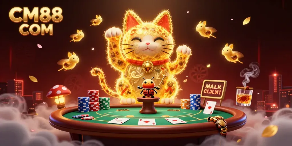 Experience excitement at CM88 COM with a lucky cat illustration surrounded by vibrant poker elements and shimmering effects.