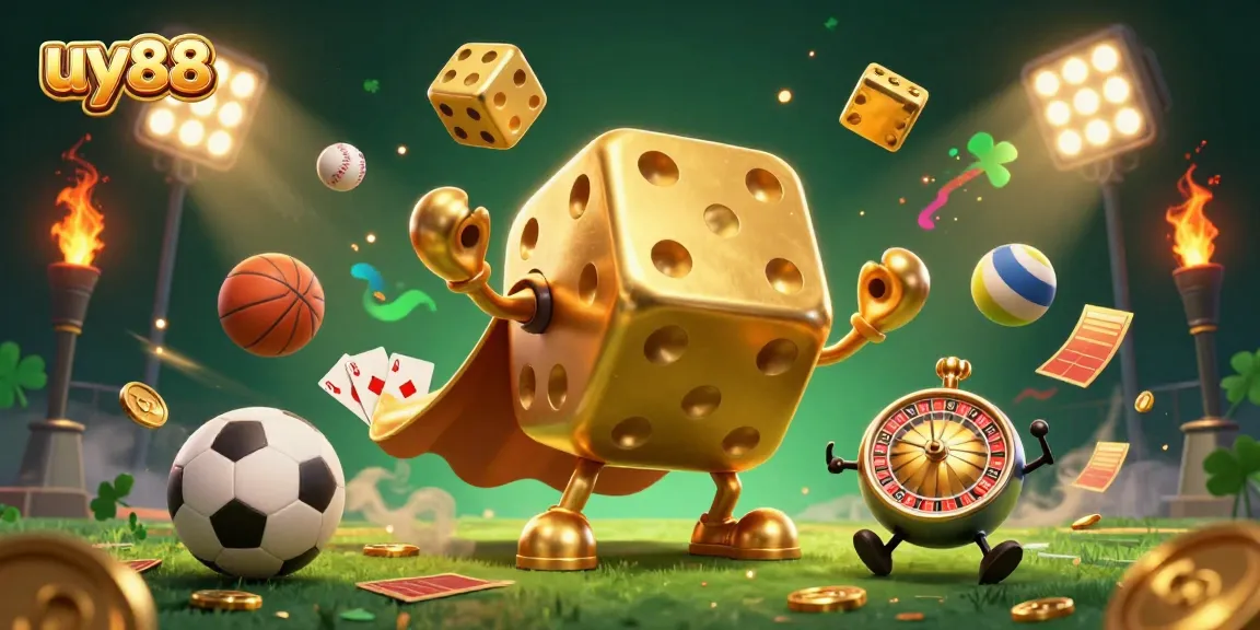 Experience uy88 action with a golden dice golem, sports balls, and dynamic betting elements.