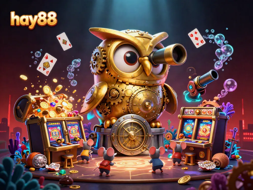 Experience the excitement of hay88 with a vibrant 3D casino illustration featuring an owl and mouse characters.