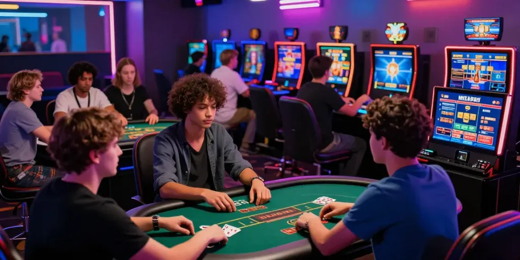 A lively gaming environment with players enjoying akunjp casino games in a neon-lit lounge.