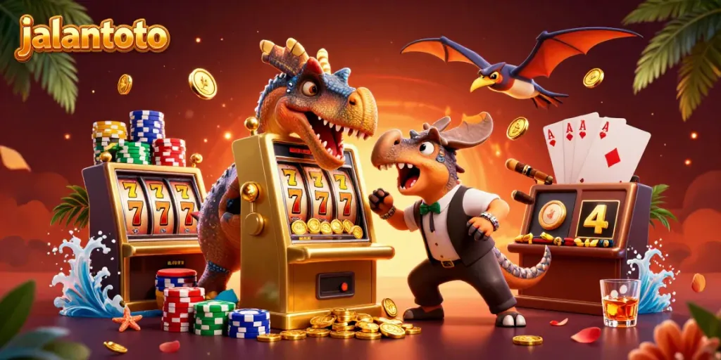 Simulasi permainan jalantoto dengan dinosaurus dan mesin slot emas. Dapatkan pengalaman bermain yang menyenangkan!