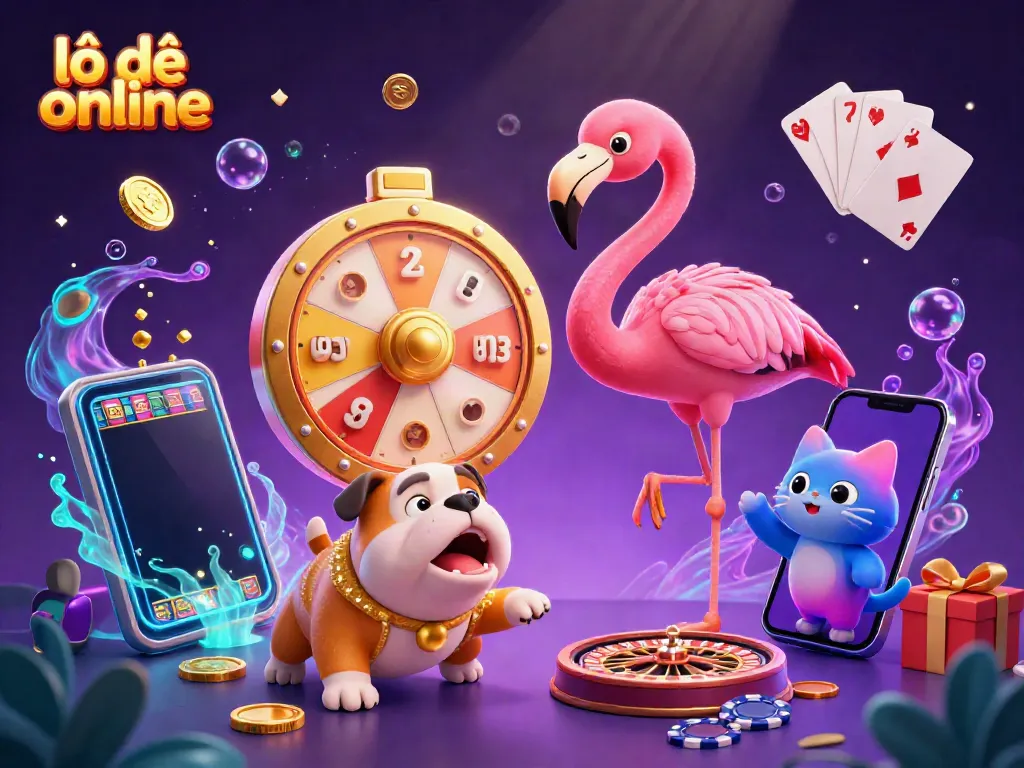 Enjoy thrilling lô đề online gameplay with a flamingo host and bulldog contestant spinning a prize wheel.