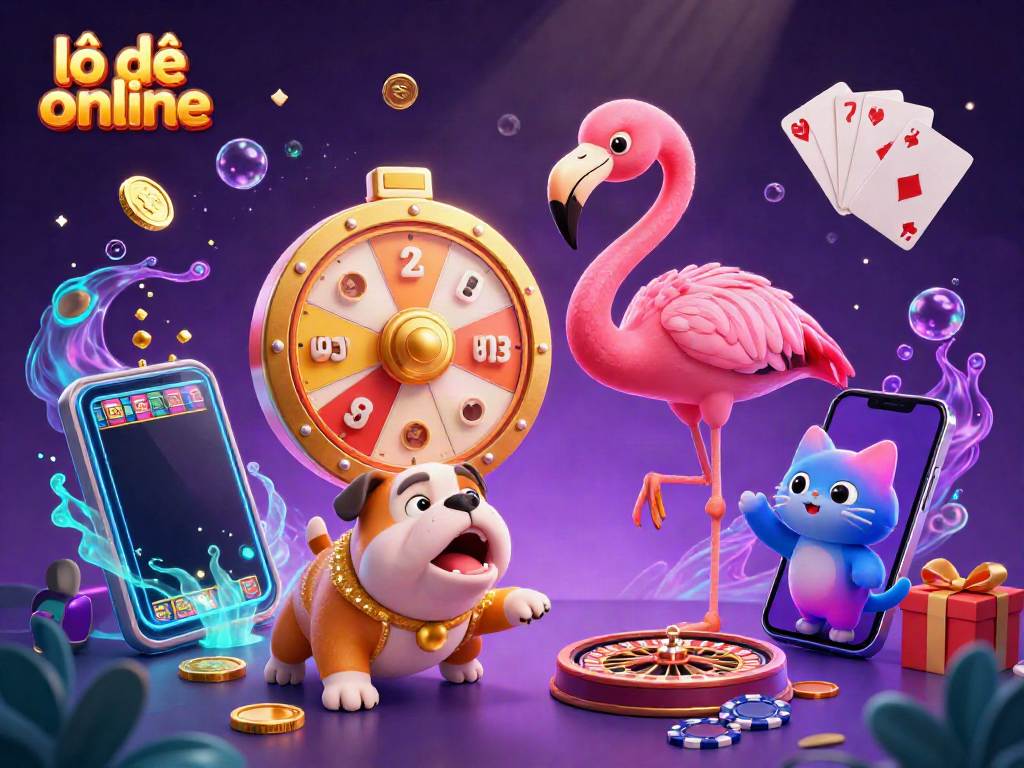 Enjoy thrilling lô đề online gameplay with a flamingo host and bulldog contestant spinning a prize wheel.