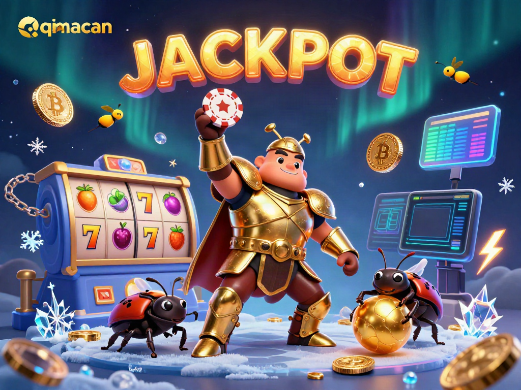 qqmacan beetle character celebrates winning at an online slot game surrounded by vibrant casino elements.