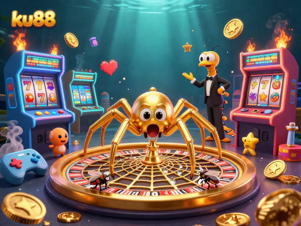 ku88 casino scene showcasing a golden spider spinning a roulette wheel web with vibrant game elements.