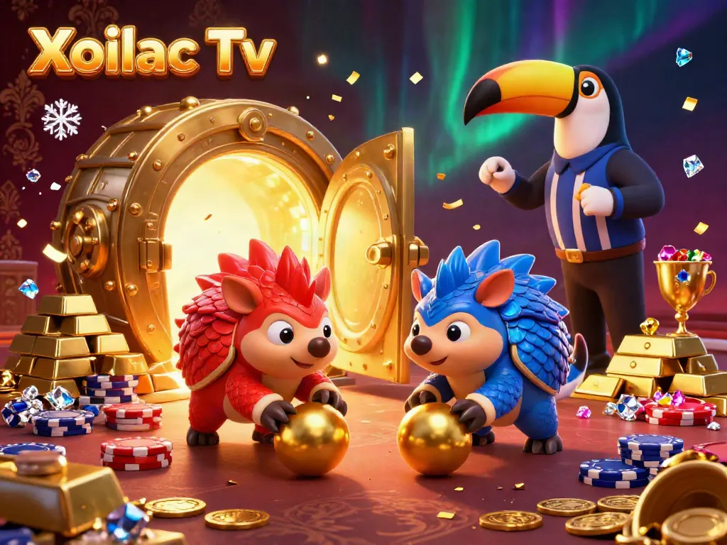 Xoilac Tv presents a dynamic scene with rival pangolins engaging in a thrilling gambling battle amidst gold and gems.