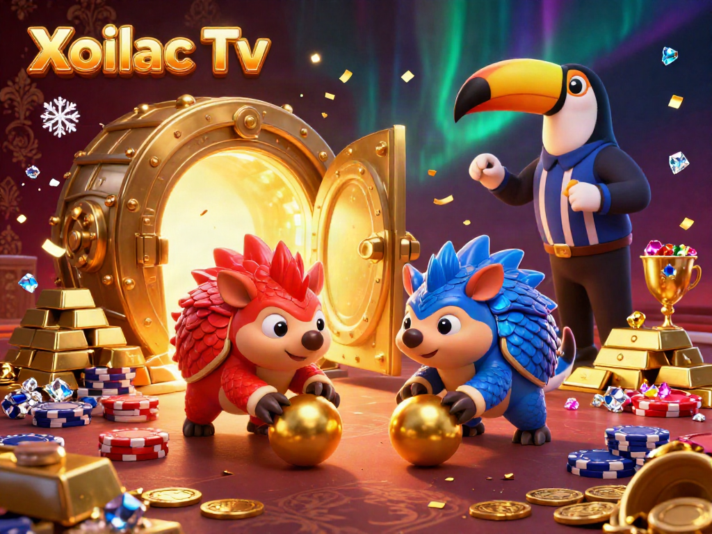 Xoilac Tv presents a dynamic scene with rival pangolins engaging in a thrilling gambling battle amidst gold and gems.