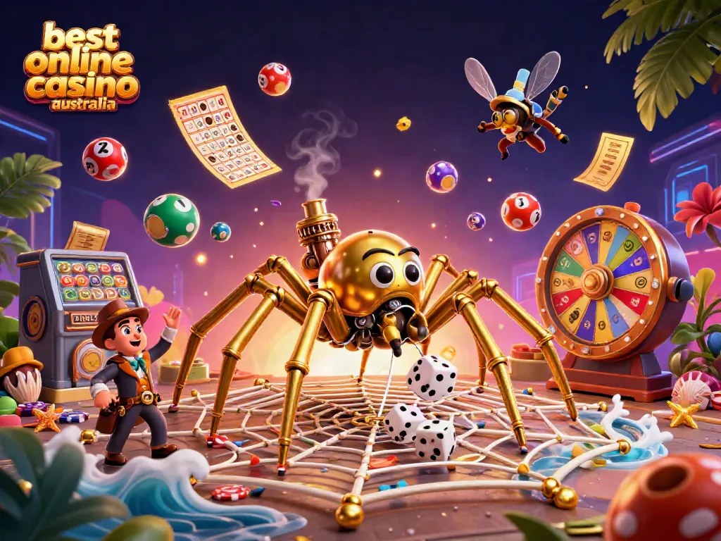 Engage with the best online casino Australia in a dynamic steampunk illustration featuring a golden spider.