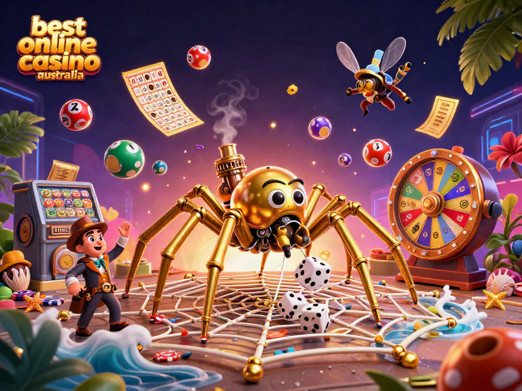 Engage with the best online casino Australia in a dynamic steampunk illustration featuring a golden spider.
