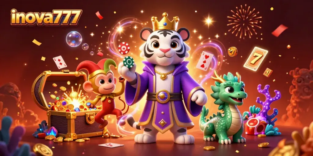 Experience thrill and excitement with inova777, featuring a vibrant casino scene with epic characters and game elements.