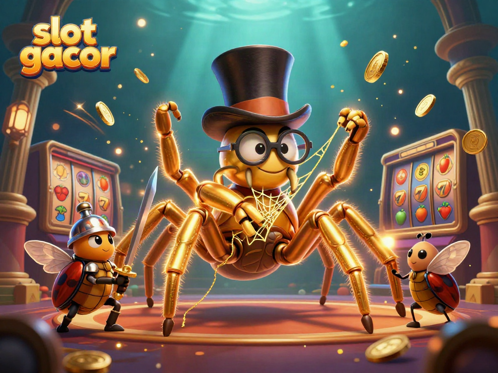 Experience the thrill of slot gacor with a dynamic illustration of a golden tarantula and beetle knight in a vibrant casino setting.