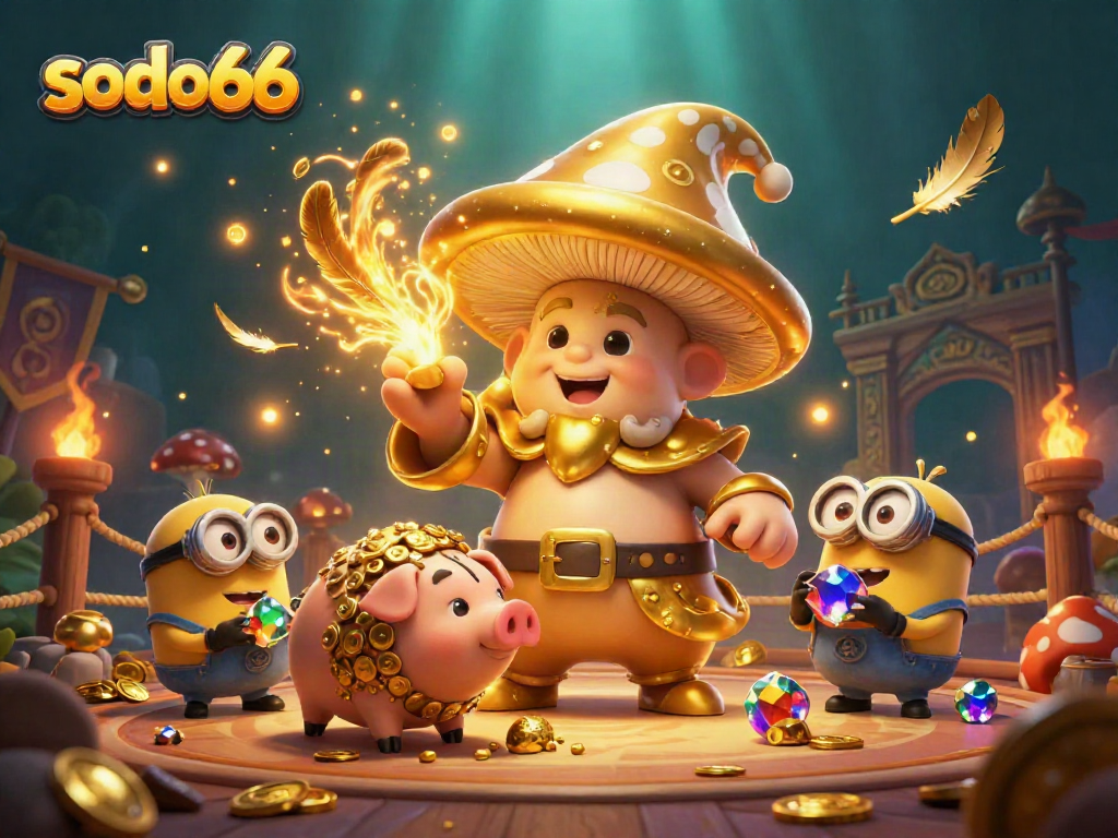 Spin the reels at sodo66 with a vibrant 3D casino scene illustrating a wizard and treasures.