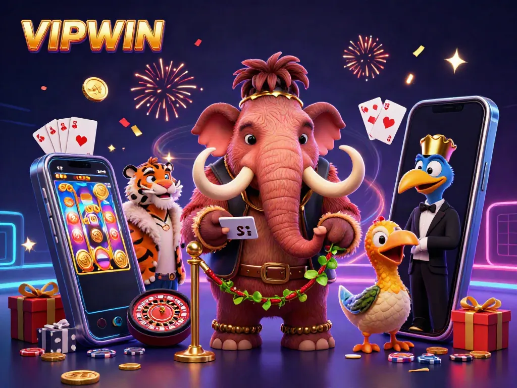 VIPWIN's cartoon characters enjoy a vibrant casino scene filled with excitement and gaming elements.