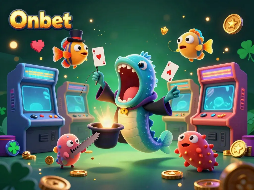 Onbet showcases an engaging casino scene with sea creatures performing captivating tricks amid arcade elements.