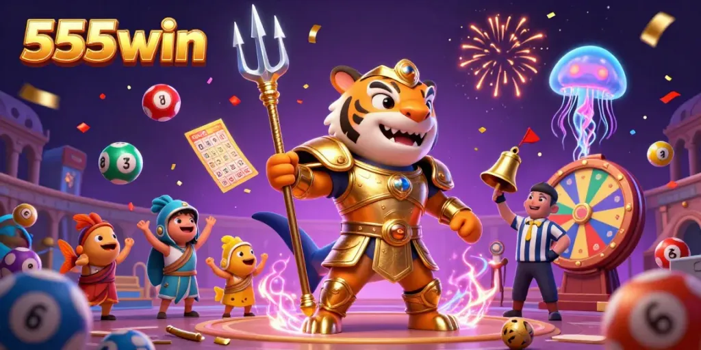 Engage with the vibrant world of 555win, featuring exciting lottery themed elements and a dynamic underwater scene.