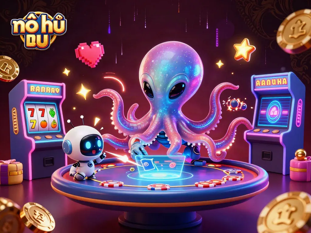 Nổ hũ gaming scene featuring a colorful alien octopus at a poker table, surrounded by vibrant 3D game elements.