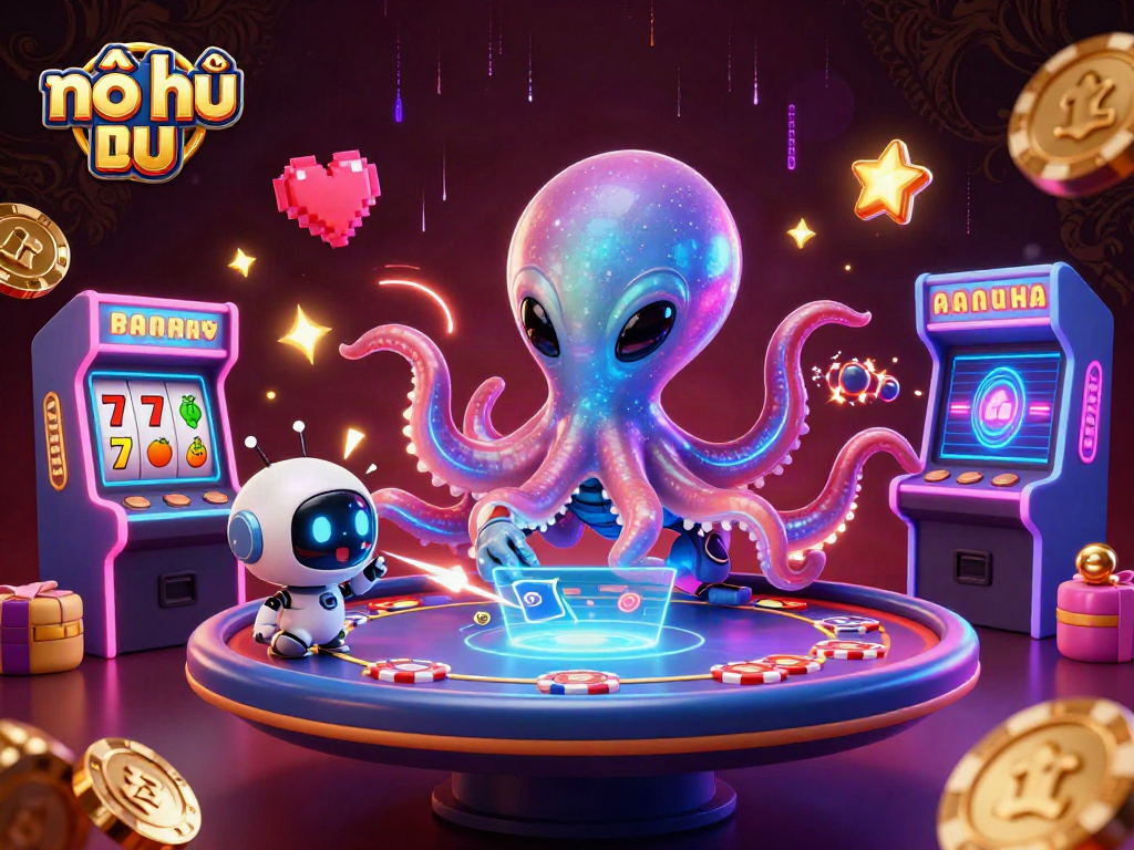 Nổ hũ gaming scene featuring a colorful alien octopus at a poker table, surrounded by vibrant 3D game elements.