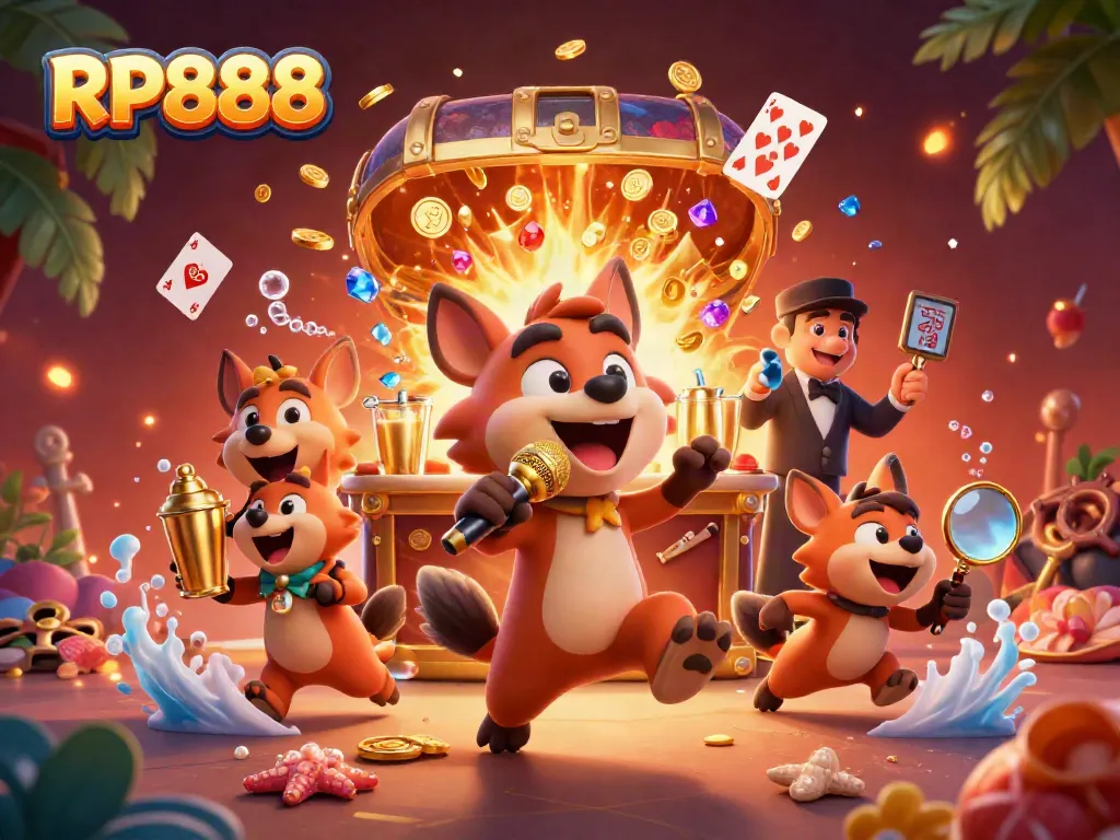 RP888 featuring hyena characters in a colorful 3D casino scene filled with gold treasures and vibrant elements.
