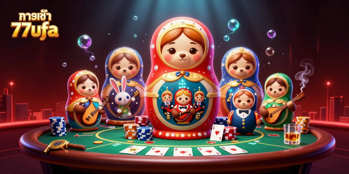 Engage in thrilling gambling action at ทางเข้า 77ufa with a vibrant casino scene featuring 3D cartoon characters.