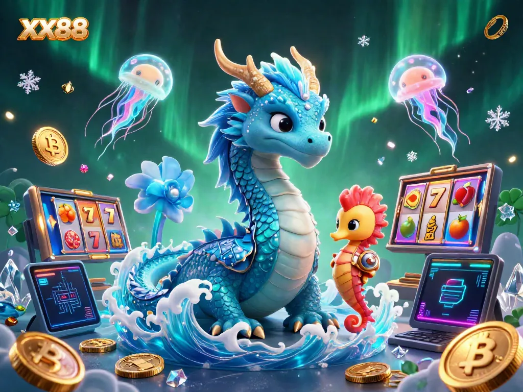 Experience the thrill at XX88 with a vibrant 3D scene featuring a water dragon, seahorse knight, and glowing jellyfish.