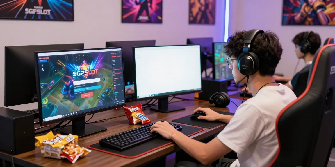 Player engaging with SGPSLOT login interface in a vibrant gaming room