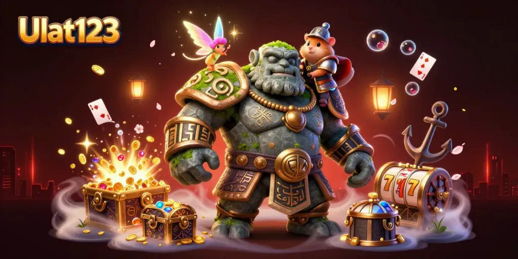 Ulat123 offers a dynamic visual of a golem guardian with slot game elements, perfect for online gambling enthusiasts.