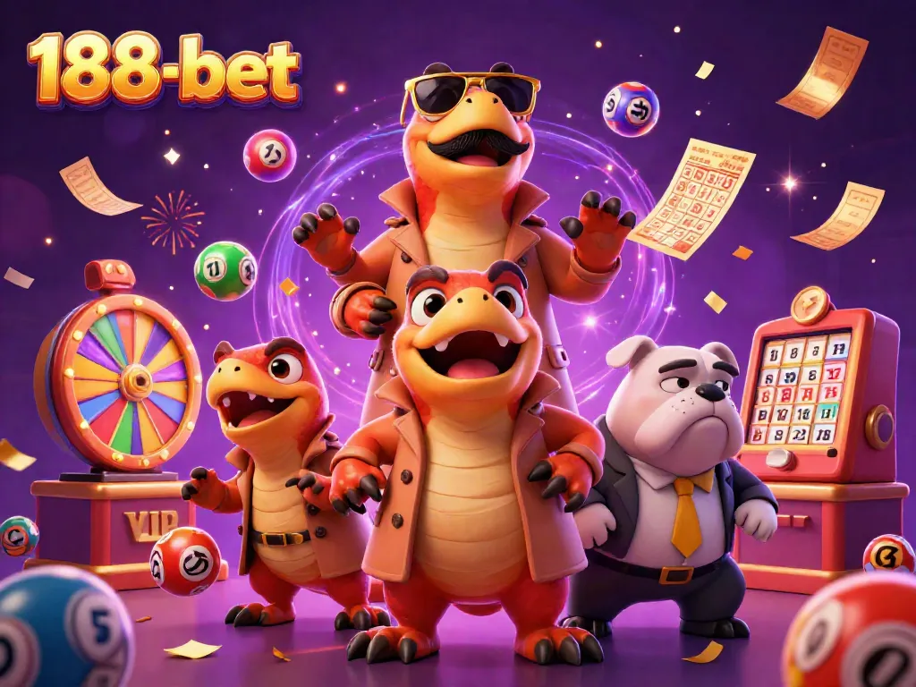 Engaging raptors in a trench coat enter a VIP lounge at 188-bet casino, with vibrant games and lottery elements.