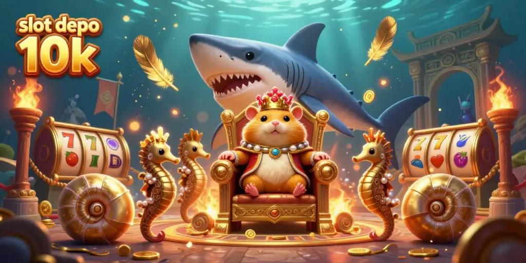 Engaging scene of a golden hamster king on a megalodon throne in a casino-themed underwater arena, showcasing slot depo 10k.