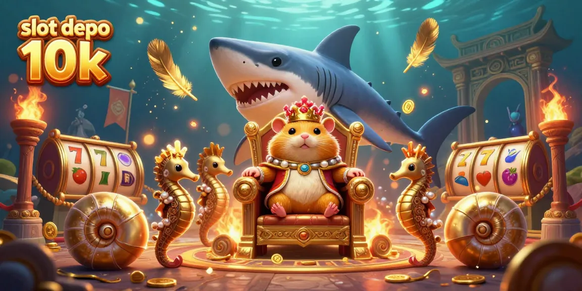Engaging scene of a golden hamster king on a megalodon throne in a casino-themed underwater arena, showcasing slot depo 10k.