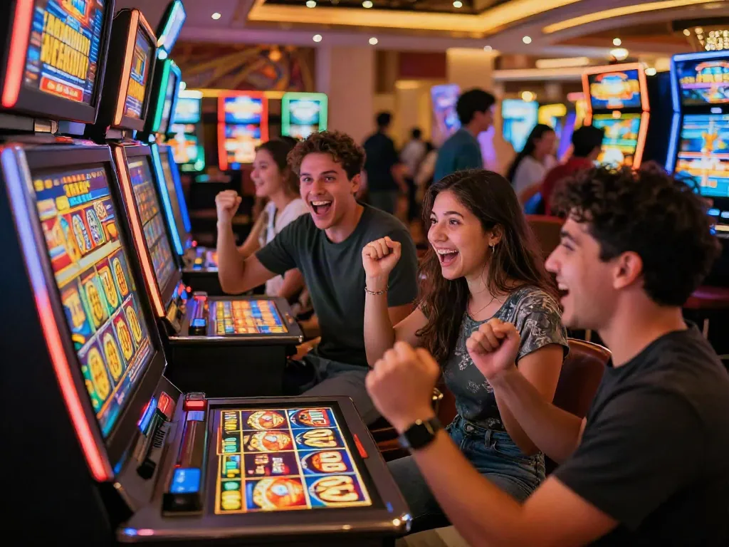 Friends celebrating a big win at the Lucky777 casino slot machine, showcasing excitement and lively atmosphere.