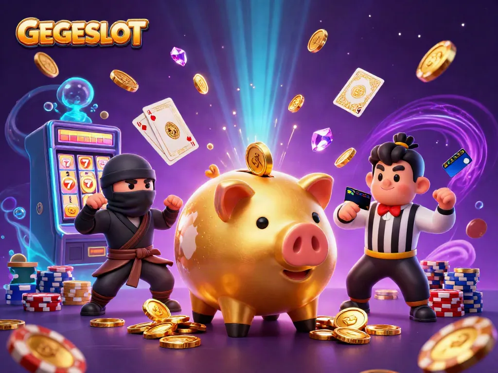 Experience GEGESLOT excitement with a golden piggy bank sumo wrestler and vibrant casino elements.