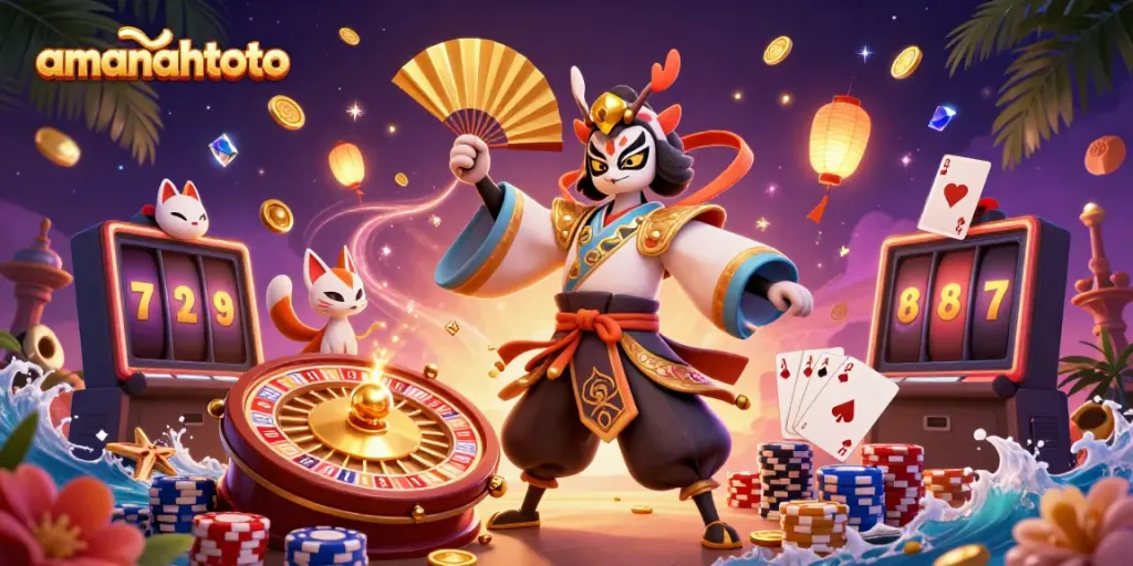 Rasakan keseruan amanahtoto dengan ilustrasi 3D kartun yang menampilkan karakter kabuki, koin emas, dan elemen permainan kasino.