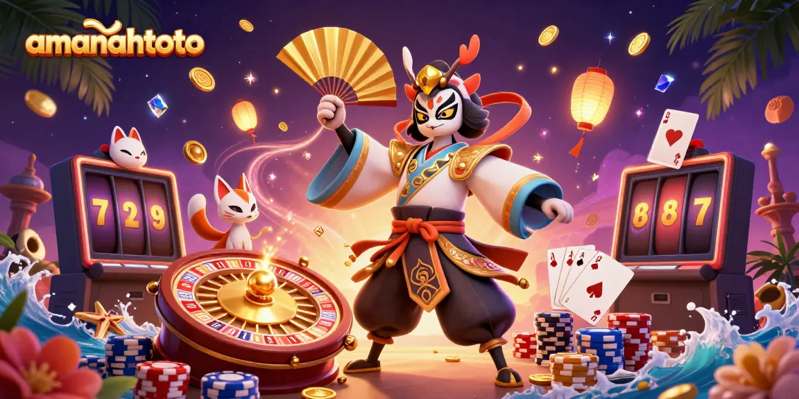 Rasakan keseruan amanahtoto dengan ilustrasi 3D kartun yang menampilkan karakter kabuki, koin emas, dan elemen permainan kasino.
