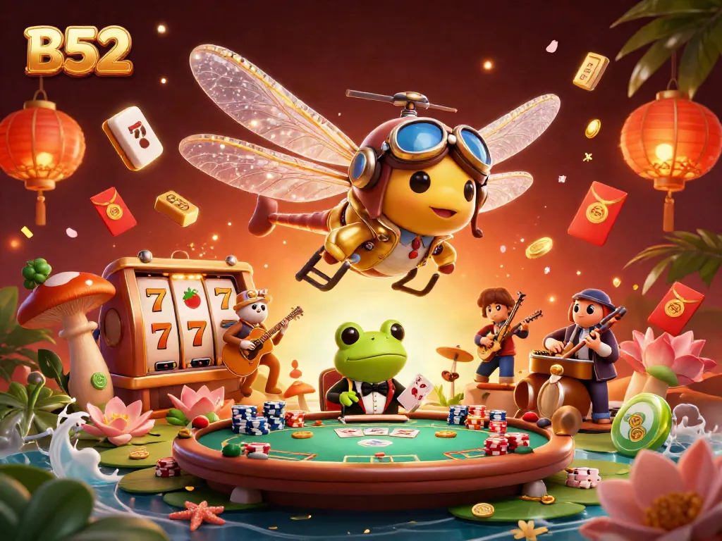 B52 casino scene where a frog croupier deals cards at a lily pad while celebrating with vibrant slot symbols and jazz musicians.