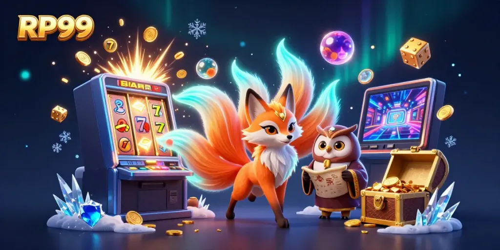 Experience the excitement of RP99 with vibrant characters and slot machine elements in a colorful casino illustration.