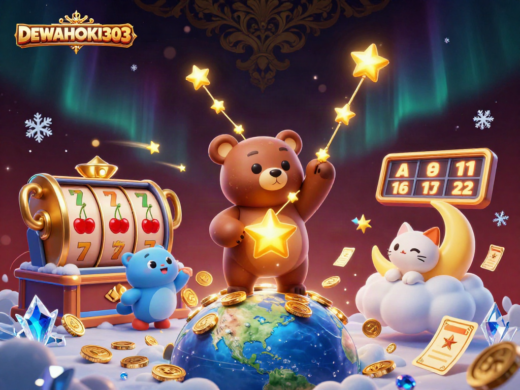 DEWAHOKI303 menampilkan gulungan slot dengan banyak koin emas berkilau dan karakter 3D menarik di dalam kasino.