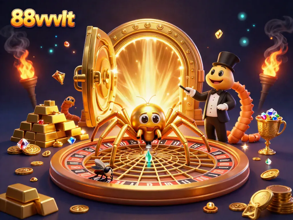 Place bets at 88vvvvt in this colorful casino-themed scene with a golden spider and treasures.