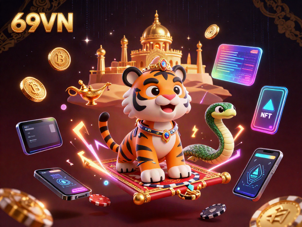 Experience thrilling casino action with 69VN's vibrant 3D illustration featuring a tiger sultan and crypto elements.